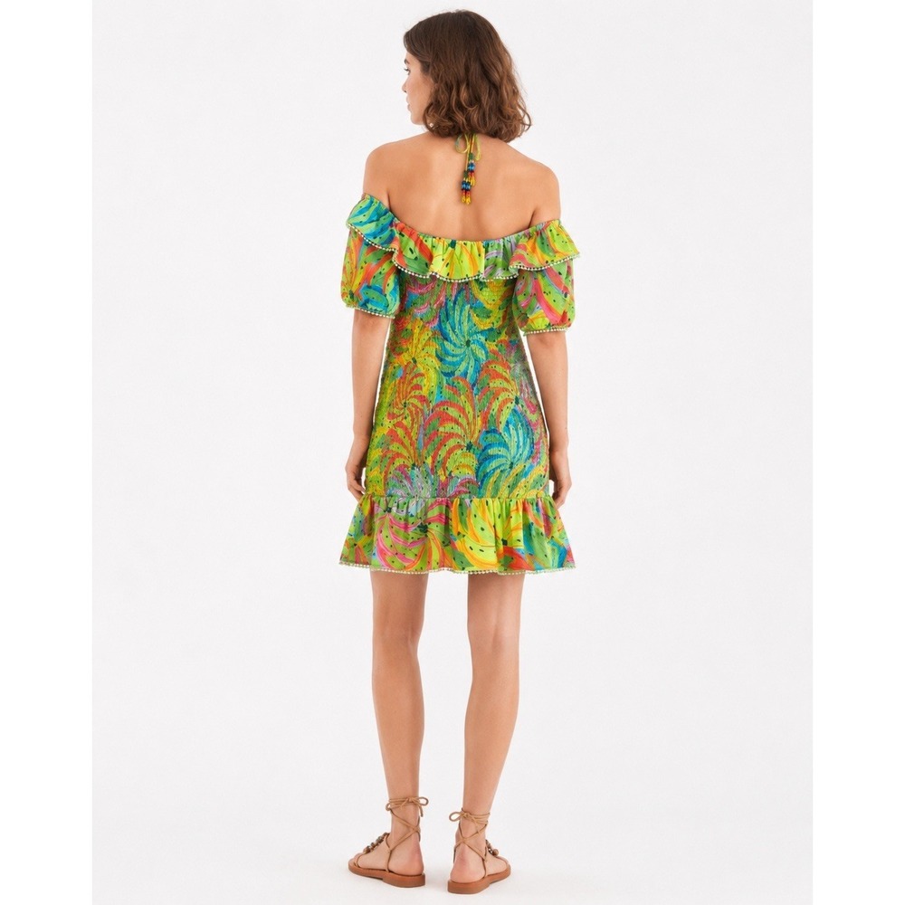 FARM Rio Neon Banana Print Off Shoulder Puff Sleeve Smocked Mini Dress XS - Picture 3 of 9